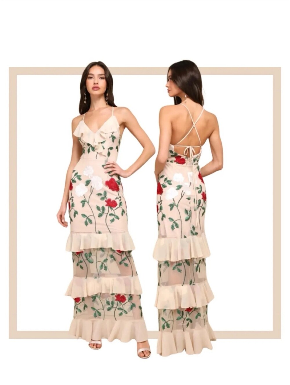 Lulu's Blush Maxi Dress with Red Rose Embroidery